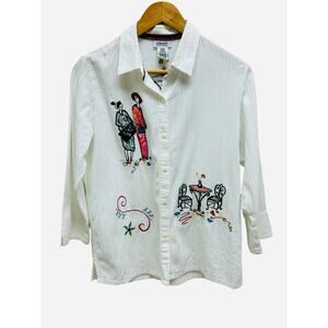 Graff Embroidered Appliqued Blouse Ribbed‎ Cuffs Medium Cottagecore
